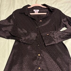 DKNY Black Satin Monogram Button-Down Dress with Gold Buttons